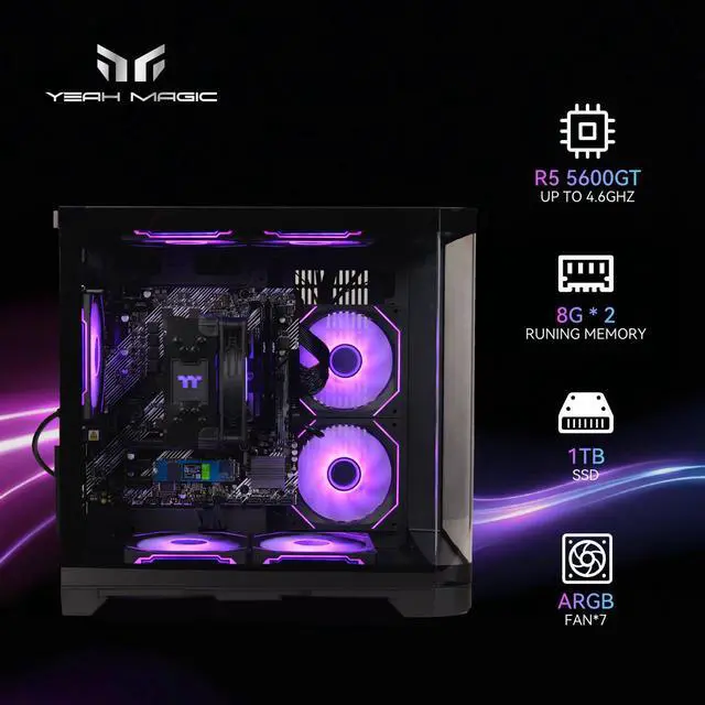 Alt view image 2 of 5 - YEAH MAGIC Astral  S1 Gaming Desktop AMD Ryzen 5 5600GT 3.9GHz 16GB(8G*2) DDR4 3200 1T NVME SSD ARGB 7 Fans Win 11 Home Gamer Desktop Computer Office Work WIFI 6 650W Gold PSU Black