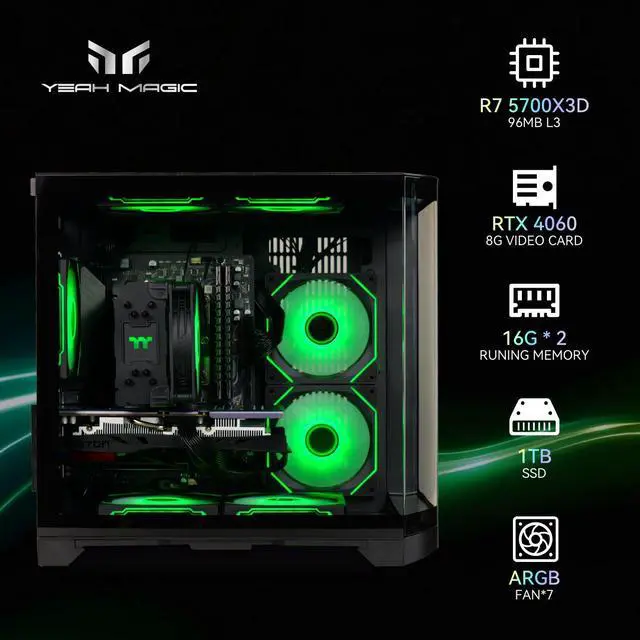 Alt view image 2 of 7 - YEAH MAGIC Arcane S1 Gaming Desktop - AMD Ryzen 7 5700X 3D - RTX 4060 32GB (16GB*2) DDR4 3200MHz 1TB NVMe SSD ARGB Fans 650W PSU WIFI Perfect for Gaming - Business - Design Win 11 Home Gaming Pc