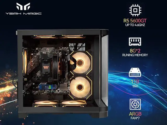 Alt view image 5 of 7 - YEAH MAGIC Gaming PC Desktop AMD Ryzen 5 5600GT,16GB DDR4 3200MHz,1TB M.2 NVMe PCle4.0 Gen4,650W 80PLUS PSU,WiFi,Game Design Office console,Sea View Room,Windows 11 Tower Prebuilt PC computer