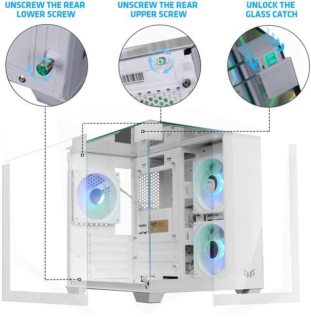 Alt view image 2 of 7 - YEAH MAGIC CUBE Gaming computer sea view room three sides glass, no column, support MATX, ITX,With 3 RGB fans, 3D panoramic view, left and right compartments Gaming desktop Case,White
