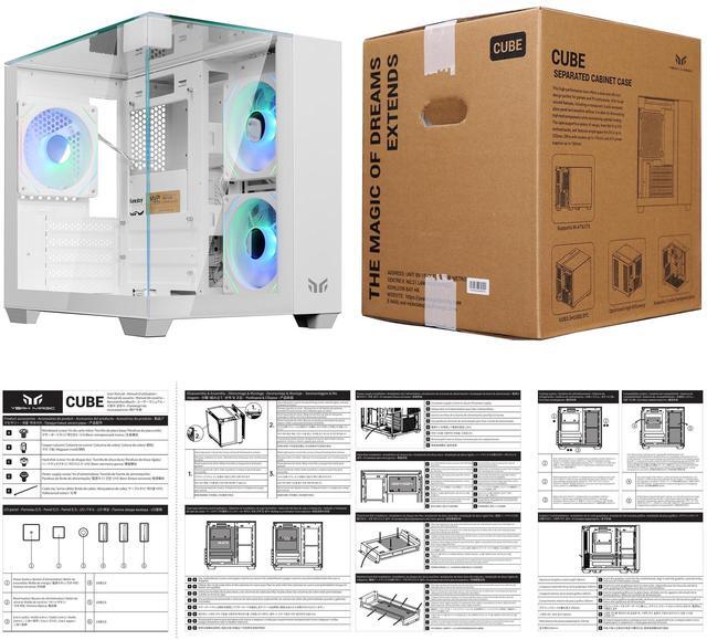 Alt view image 6 of 7 - YEAH MAGIC CUBE Gaming computer sea view room three sides glass, no column, support MATX, ITX,With 3 RGB fans, 3D panoramic view, left and right compartments Gaming desktop Case,White