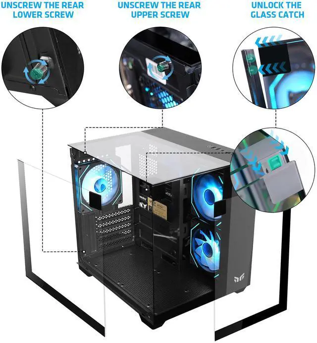 Alt view image 2 of 7 - YEAH MAGIC CUBE Gaming computer Case,Tempered Glass,Three-sided transparent, support MATX, With 3 RGB fans, 3D panoramic view, left and right compartments Gaming desktop Case,Black