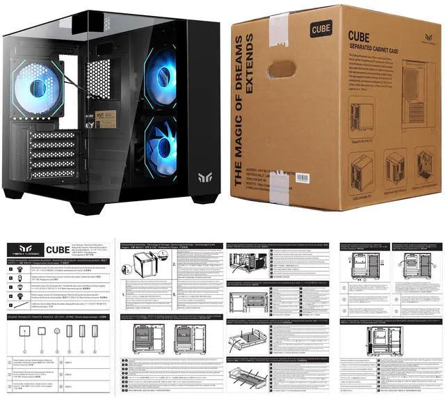 Alt view image 7 of 7 - YEAH MAGIC CUBE Gaming computer Case,Tempered Glass,Three-sided transparent, support MATX, With 3 RGB fans, 3D panoramic view, left and right compartments Gaming desktop Case,Black