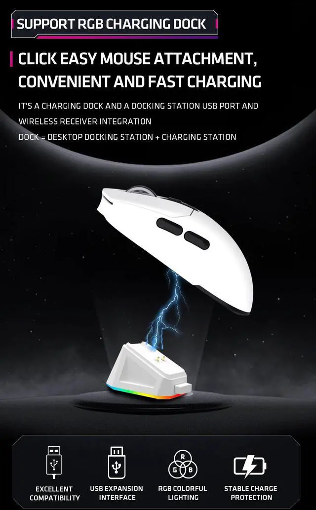Alt view image 6 of 7 - YEAH MAGIC Tyrfing V1 Wireless Gaming Mouse with RGB Charging Dock, 12K DPI,  59g Ultra-Lightweight, Tri-Mode Connectivity, 300mah Battery, Ergonomic, 1K Report Rate, With Magnetic Dock,White
