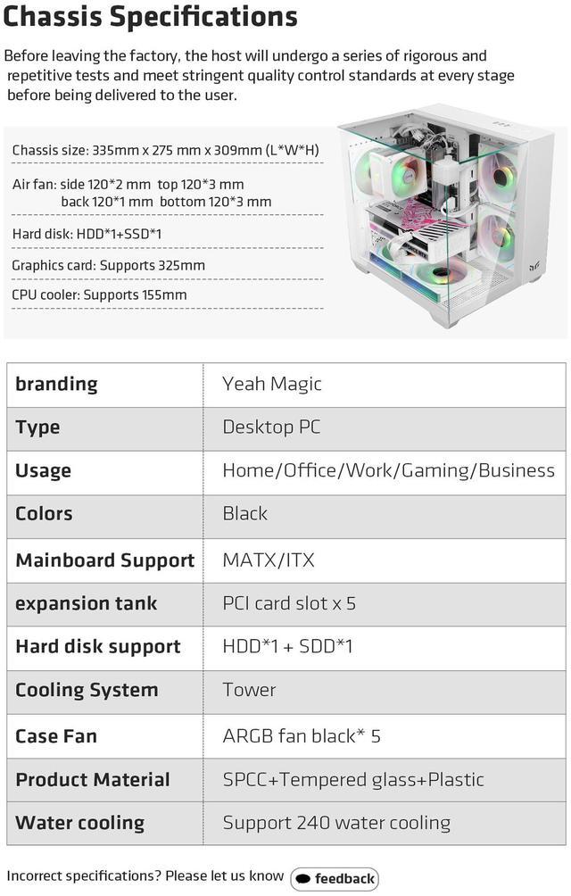 Alt view image 7 of 7 - YEAH MAGIC CUBE Gaming computer sea view room three sides glass, no column, support MATX, ITX,With 3 RGB fans, 3D panoramic view, left and right compartments Gaming desktop Case,White