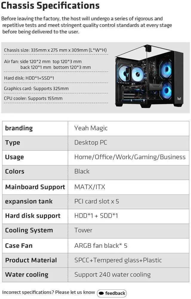 Alt view image 6 of 7 - YEAH MAGIC CUBE Gaming computer Case,Tempered Glass,Three-sided transparent, support MATX, With 3 RGB fans, 3D panoramic view, left and right compartments Gaming desktop Case,Black