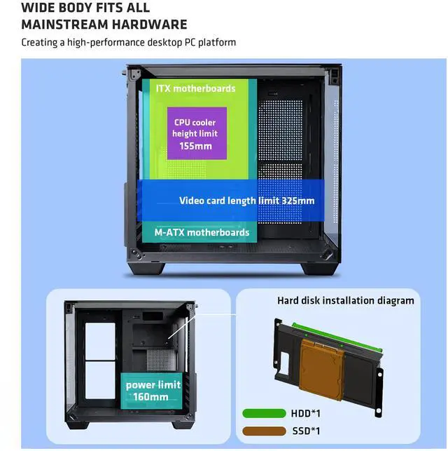 Alt view image 4 of 7 - YEAH MAGIC CUBE Gaming computer Case,Tempered Glass,Three-sided transparent, support MATX, With 3 RGB fans, 3D panoramic view, left and right compartments Gaming desktop Case,Black