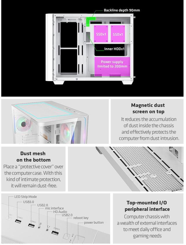 Alt view image 7 of 7 - YEAH MAGIC Biforst Mid-Tower PC Gaming Case, High-Airflow,ARGB light strip, Sturdy One-piece curved curved glass,With 3 RGB fans,Gaming Computer Case for Micro-ATX/ITX Motherboard, White