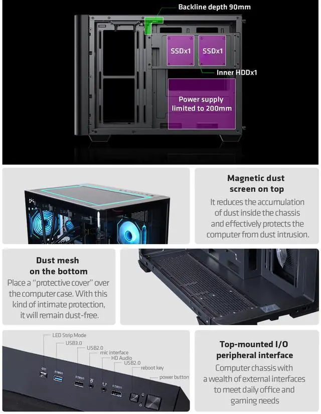 Alt view image 6 of 7 - YEAH MAGIC Biforst Mid-Tower PC Gaming Case, High-Airflow,ARGB light strip, Sturdy One-piece curved curved glass,With 3 RGB fans,Gaming Computer Case for ATX/Micro-ATX/ITX Motherboard, Black