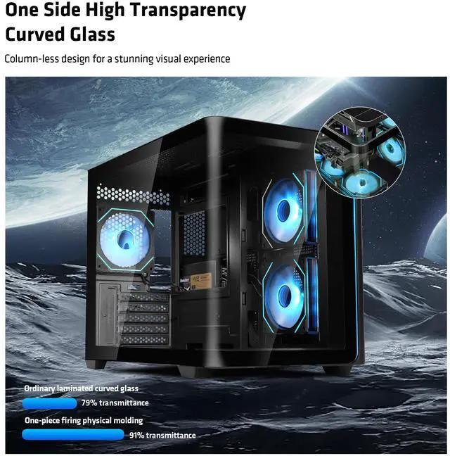 Alt view image 3 of 7 - YEAH MAGIC Biforst Mid-Tower PC Gaming Case, High-Airflow,ARGB light strip, Sturdy One-piece curved curved glass,With 3 RGB fans,Gaming Computer Case for ATX/Micro-ATX/ITX Motherboard, Black