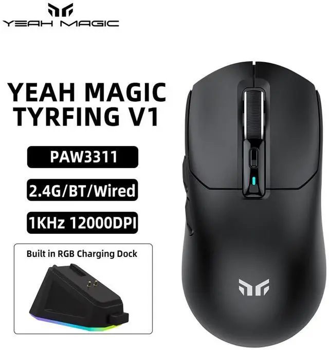 Main image of YEAH MAGIC Tyrfing V1 Wireless Gaming Mouse with RGB Charging Dock, 12K DPI,  59g Ultra-Lightweight, Tri-Mode Connectivity, 300mah Battery, Ergonomic, 1K Report Rate, With Magnetic Dock,Black