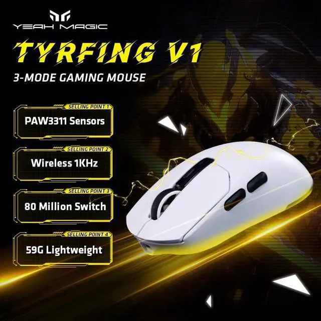 Main image of YEAH MAGIC Tyrfing V1 Wireless Gaming Mouse with RGB Charging Dock, 12K DPI,  59g Ultra-Lightweight, Tri-Mode Connectivity, 300mah Battery, Ergonomic, 1K Report Rate, With Magnetic Dock,White