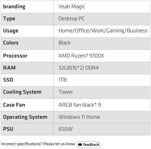 Alt view image 7 of 7 - YEAH MAGIC Gaming Desktop PC AMD Ryzen 7 9700X RTX 5060 TI 16GB 32G RAM 1TB M.2 NVMe PCIe4.0 SSD 360MM Cooler Gaming Computer WIFI Windows 11 Home