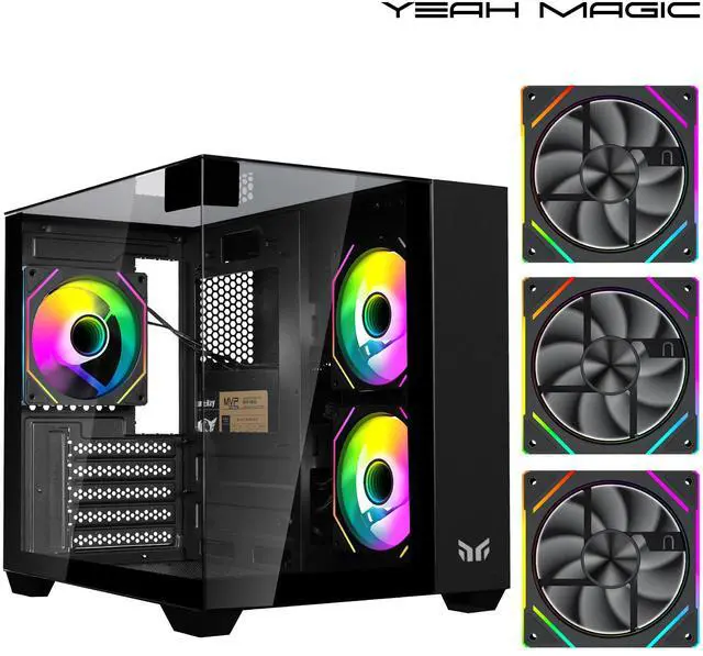 Main image of YEAH MAGIC CUBE Gaming computer Case,Tempered Glass,Three-sided transparent, support MATX, With 3 RGB fans, 3D panoramic view, left and right compartments Gaming desktop Case,Black