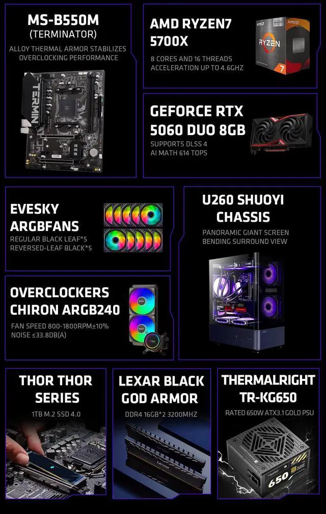 Alt view image 5 of 7 - YEAH MAGIC Arcane Z1 Gaming Desktop, Ryzen 7 5700X, NVIDIA RTX 5060 ,32GB DDR4 RAM, 1TB M.2 NVMe SSD ,Windows 11 home,WIFI, Liquid Cooler , ARGB Fans , Pc for Gaming Design Office , Prebuilt Gaming Pc