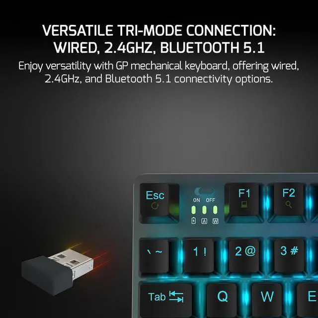Alt view image 3 of 7 - GAMEPOWER EVA 7 TKL Mechanical Gaming Keyboard, 87 Keys, Wireless, Wired, Bluetooth, Triple connectivity, Tactile Blue switches, RGB Backlight, 2000mah Battery, 80 Hours Wireless use, Black