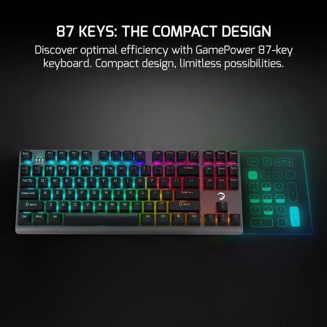 Alt view image 2 of 7 - GAMEPOWER EVA 7 TKL Mechanical Gaming Keyboard, 87 Keys, Wireless, Wired, Bluetooth, Triple connectivity, Tactile Blue switches, RGB Backlight, 2000mah Battery, 80 Hours Wireless use, Black