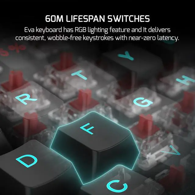 Alt view image 4 of 7 - GAMEPOWER EVA 7 TKL Mechanical Gaming Keyboard, 87 Keys, Wireless, Wired, Bluetooth, Triple connectivity, Tactile Blue switches, RGB Backlight, 2000mah Battery, 80 Hours Wireless use, Black
