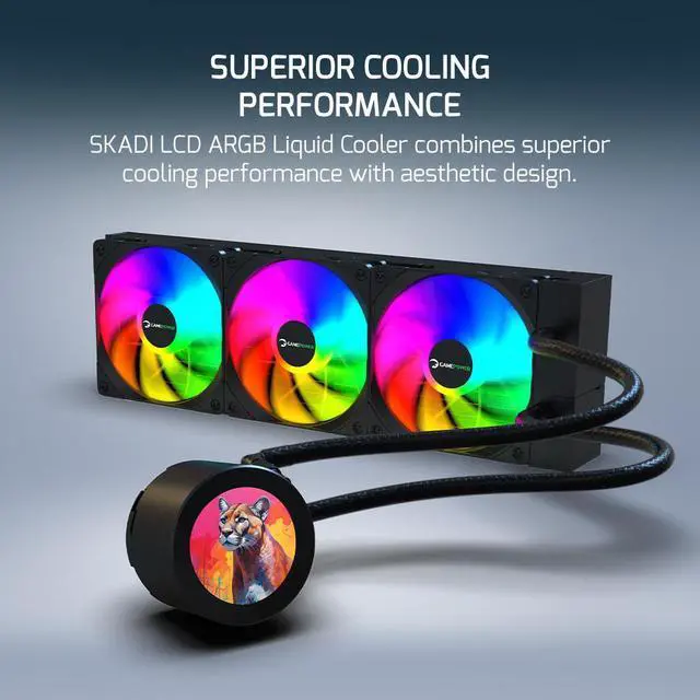 Alt view image 2 of 7 - Gamepower Skadi LCD 360 AIO CPU Liquid Cooler, 2.1" Display for GIFs and Metrics, 360mm Radiator with 3X PWM ARGB HDB Fans, 14.5 W/mK thermal paste, Compatible with Intel LGA 1851, 1700, AMD AM4/AM5