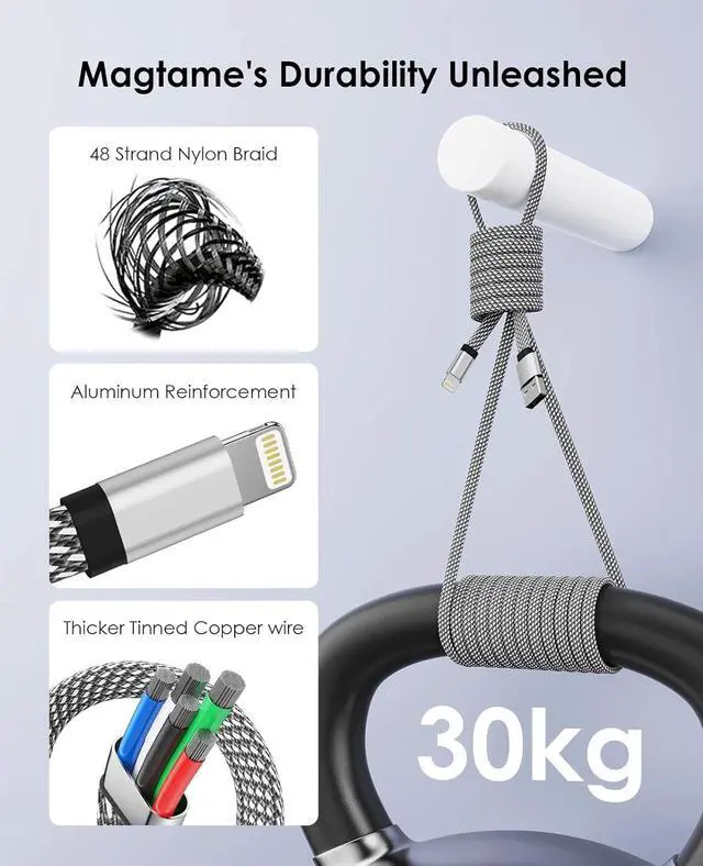 Alt view image 4 of 7 - Magtame Magnetic Lightning Cable, Coiled iPhone Charger Cord Braided iPhone Charging Cable, MFi Certified Compatible with iPhone 14 13 13Pro 12 11 Max XS XR X 8 7 SE Flat Silver 5 ft.