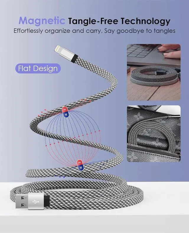 Alt view image 2 of 7 - Magtame Magnetic Lightning Cable, Coiled iPhone Charger Cord Braided iPhone Charging Cable, MFi Certified Compatible with iPhone 14 13 13Pro 12 11 Max XS XR X 8 7 SE Flat Silver 5 ft.