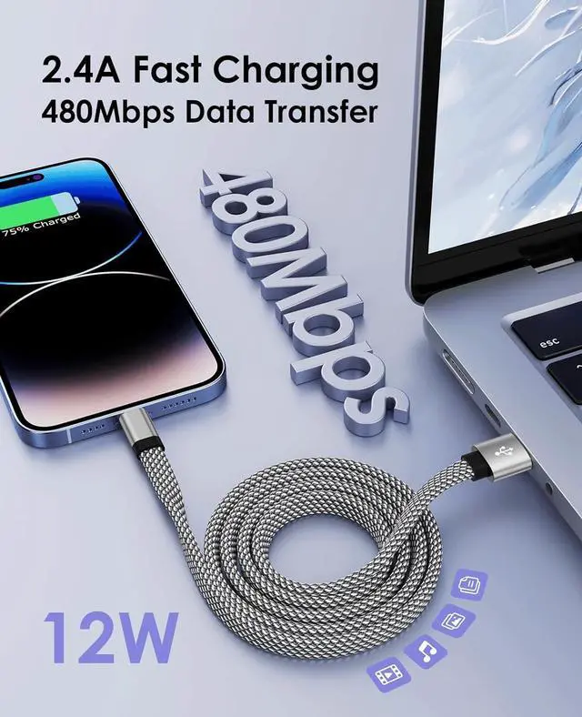 Alt view image 3 of 7 - Magtame Magnetic Lightning Cable, Coiled iPhone Charger Cord Braided iPhone Charging Cable, MFi Certified Compatible with iPhone 14 13 13Pro 12 11 Max XS XR X 8 7 SE Flat Silver 5 ft.