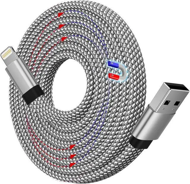 Main image of Magtame Magnetic Lightning Cable, Coiled iPhone Charger Cord Braided iPhone Charging Cable, MFi Certified Compatible with iPhone 14 13 13Pro 12 11 Max XS XR X 8 7 SE Flat Silver 5 ft.