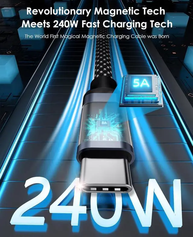 Alt view image 2 of 7 - Magtame USB C Charger Cable, 240W Magnetic Type C Charging Cable, USB C to USB C Cable, Type C Fast Charging Cord Nylon Braided