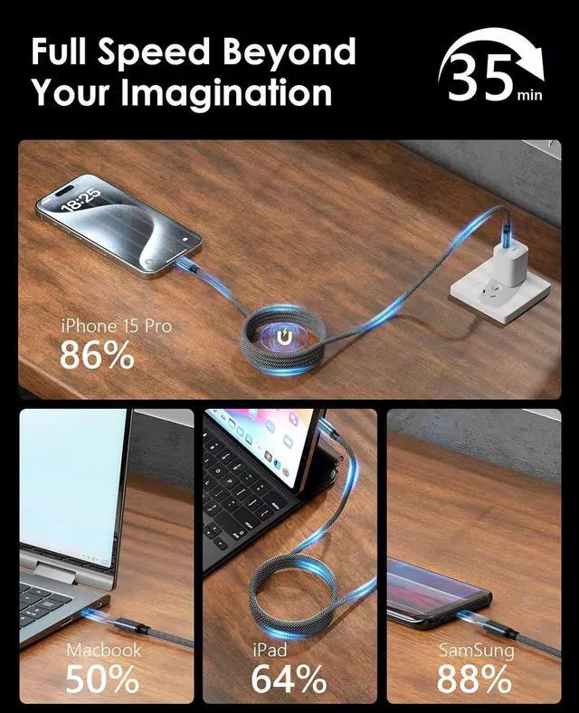 Alt view image 7 of 7 - Magtame USB C Charger Cable, 240W Magnetic Type C Charging Cable, USB C to USB C Cable, Type C Fast Charging Cord Nylon Braided