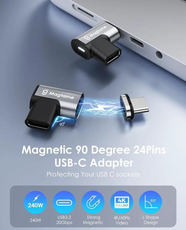 Alt view image 2 of 7 - Magtame Magnetic 90 Degree USB-C Male to USB-C Female Adapter, 240W Right Angle 20Gbps Data Transfer 4K Video Output, Gray