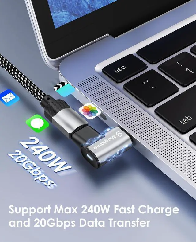 Alt view image 3 of 7 - Magtame Magnetic 90 Degree USB-C Male to USB-C Female Adapter, 240W Right Angle 20Gbps Data Transfer 4K Video Output, Gray