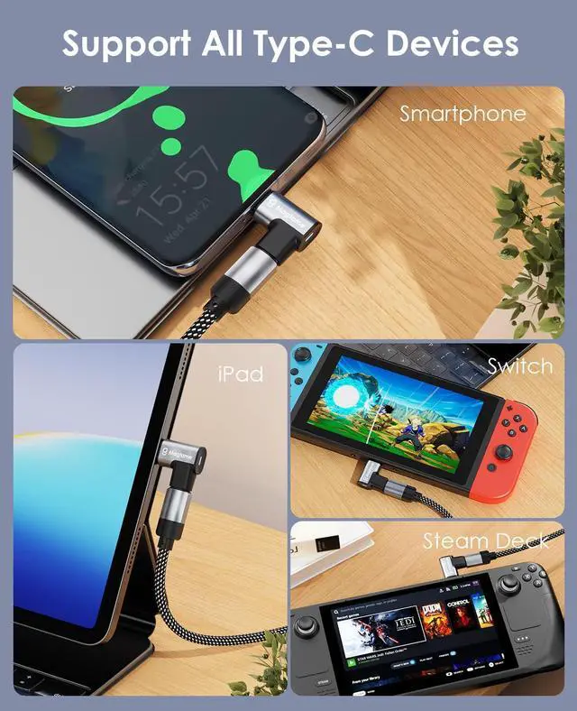 Alt view image 7 of 7 - Magtame Magnetic 90 Degree USB-C Male to USB-C Female Adapter, 240W Right Angle 20Gbps Data Transfer 4K Video Output, Gray
