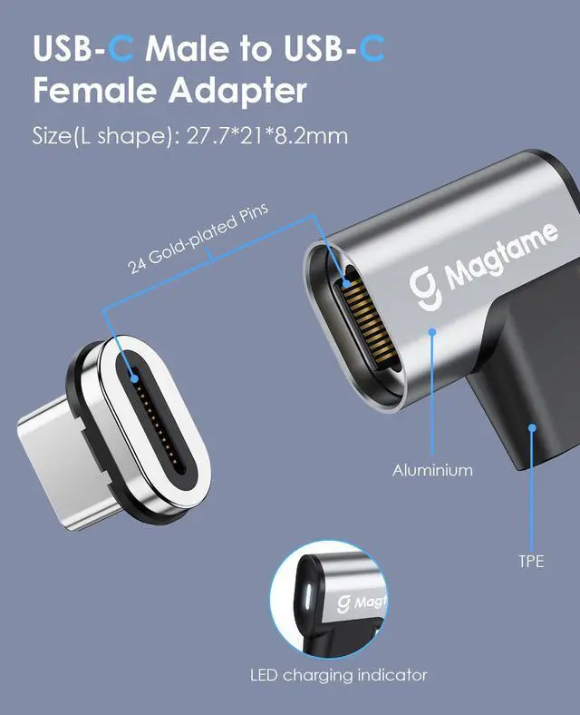 Alt view image 7 of 7 - Magtame 2Pack 24Pin Magnetic USB C 90 Degree Adapter 240W(40Gbps and 4K Video), USB-C Male to USBC Female Right Angle Adapter