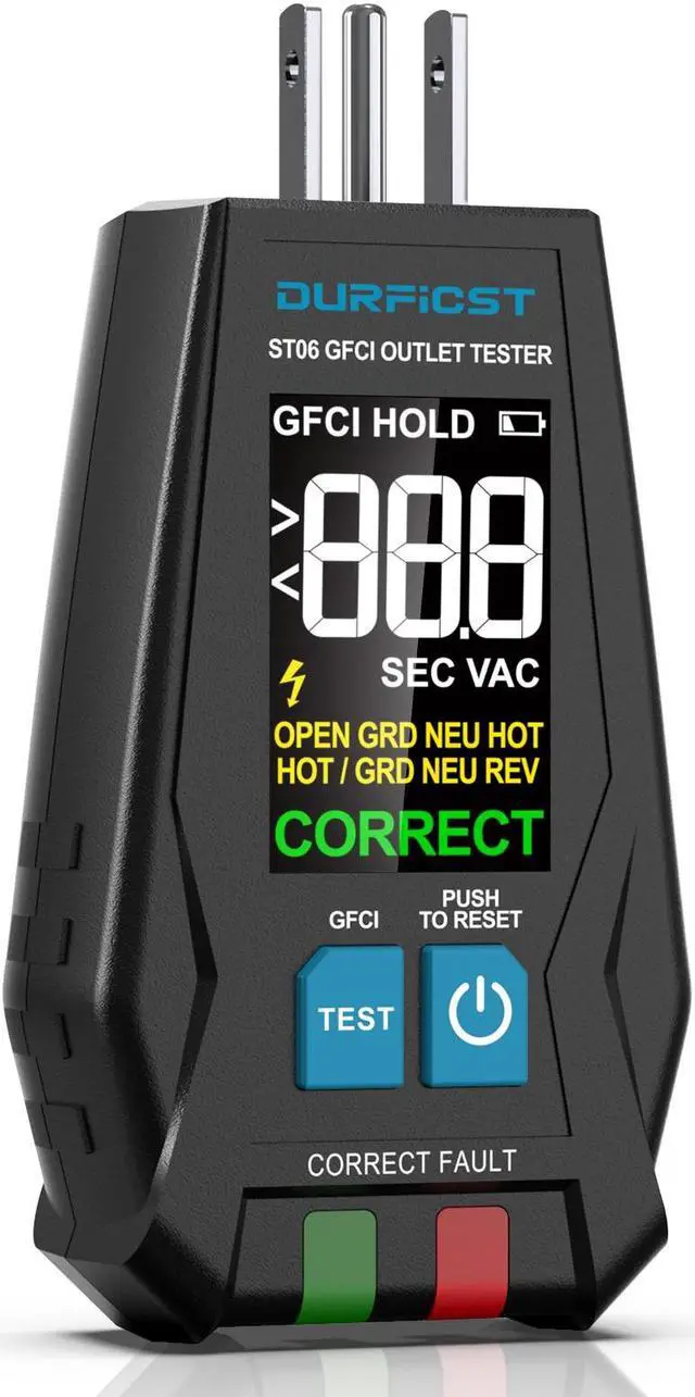 Main image of DURFICST GFCI Outlet Tester, Electrical Outlet Tester with 1.7'' High Definition LCD Display, Standard 3-Wire 120V Receptacle Tester, Detects Common Home and Office Wiring Problems
