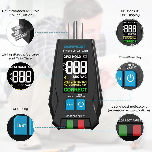 Alt view image 2 of 7 - DURFICST GFCI Outlet Tester, Electrical Outlet Tester with 1.7'' High Definition LCD Display, Standard 3-Wire 120V Receptacle Tester, Detects Common Home and Office Wiring Problems