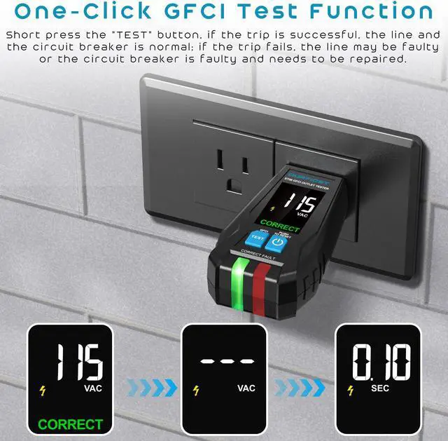 Alt view image 5 of 7 - DURFICST GFCI Outlet Tester, Electrical Outlet Tester with 1.7'' High Definition LCD Display, Standard 3-Wire 120V Receptacle Tester, Detects Common Home and Office Wiring Problems