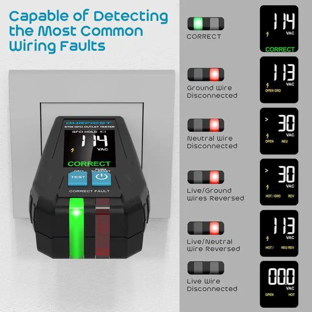 Alt view image 7 of 7 - DURFICST GFCI Outlet Tester, Electrical Outlet Tester with 1.7'' High Definition LCD Display, Standard 3-Wire 120V Receptacle Tester, Detects Common Home and Office Wiring Problems