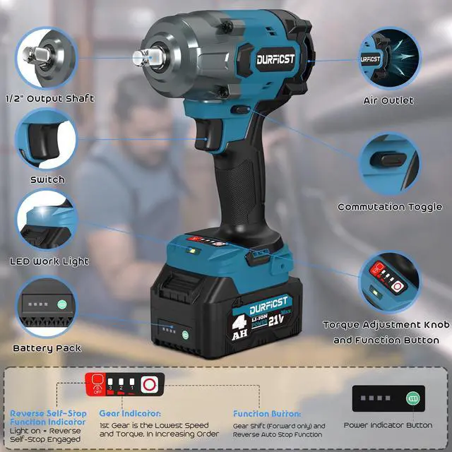 Alt view image 2 of 7 - DURFICST 1000N.m (740ft-lbs) Cordless Impact Wrench, 1/2" High Torque Impact Wrench with 2x 4.0AH Battery, Quick Charger, 4 Sockets & 2 Extension Rods, for Car and Home Impact Wrenches