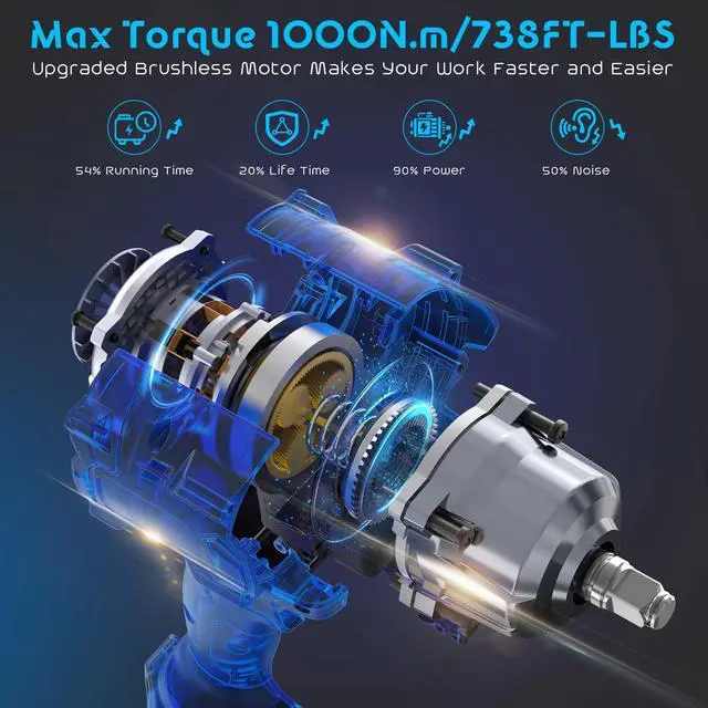 Alt view image 3 of 7 - DURFICST 1000N.m (740ft-lbs) Cordless Impact Wrench, 1/2" High Torque Impact Wrench with 2x 4.0AH Battery, Quick Charger, 4 Sockets & 2 Extension Rods, for Car and Home Impact Wrenches