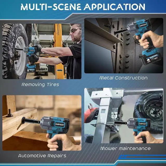 Alt view image 7 of 7 - DURFICST 1000N.m (740ft-lbs) Cordless Impact Wrench, 1/2" High Torque Impact Wrench with 2x 4.0AH Battery, Quick Charger, 4 Sockets & 2 Extension Rods, for Car and Home Impact Wrenches