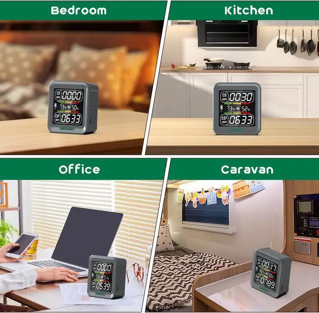 Alt view image 7 of 7 - SQECH 4-in-1 Carbon Monoxide Detectors,Air Quality Detector Measures CO2, Carbon Monoxide, Temperature and Humidity,CO2 Detector with Alarm,for Home,RV,Camping,Travel&Outdoor