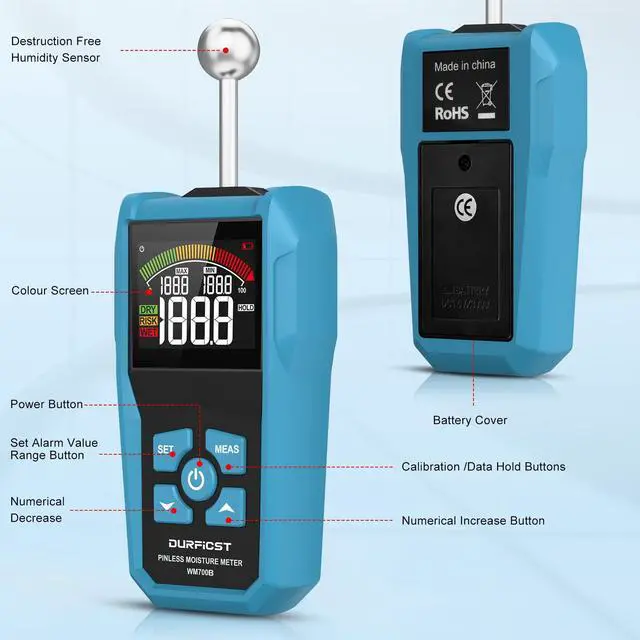 Alt view image 4 of 7 - DURFICST Pinless Moisture Meter ,Wood Moisture Meter with Colour LCD Display and Audible Alarm, Moisture Reader for All Building Materials, Wood, Wall, Plaster, Masonry