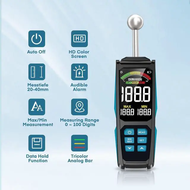 Alt view image 2 of 7 - DURFICST Pinless Moisture Meter, 3" Colour HD Large Screen Moisture Meter with Cloth Bag, 20-40mm Depth Moisture Meter for Walls, for All Building Materials, Wood, Wall, Plaster, Masonry