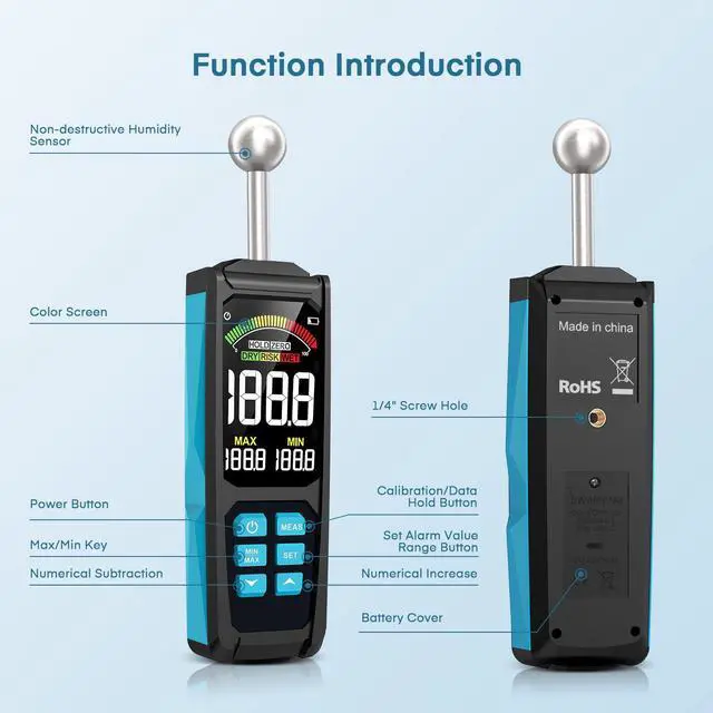Alt view image 6 of 7 - DURFICST Pinless Moisture Meter, 3" Colour HD Large Screen Moisture Meter with Cloth Bag, 20-40mm Depth Moisture Meter for Walls, for All Building Materials, Wood, Wall, Plaster, Masonry
