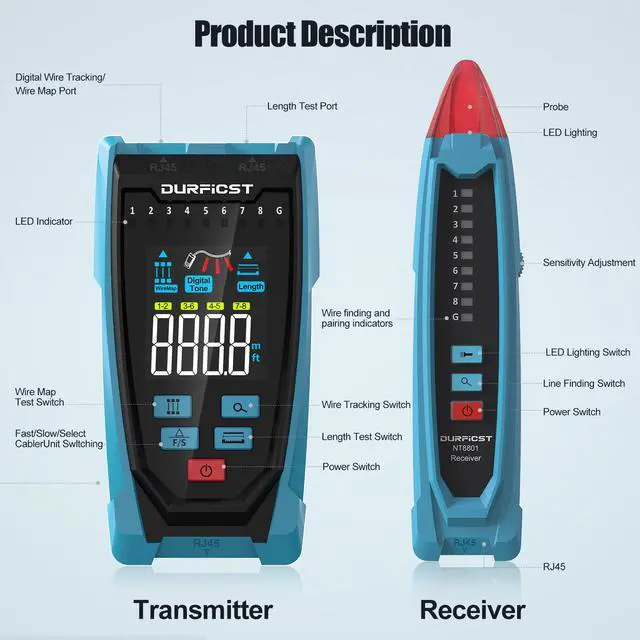 Alt view image 2 of 7 - DURFICST Network Cable Tester, NT8801 Ethernet Cable Tester, Fault Distance Location and Cable Length Test with TDR Technology, 2.5" Color Screen RJ45 RJ11 Network Tester with Cloth Bag