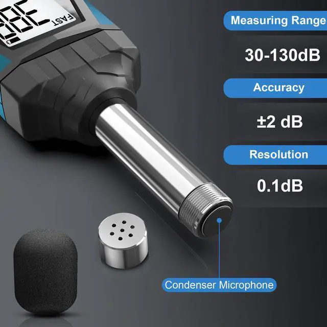Alt view image 3 of 6 - CURCONSA Decibel Meter, SPL Meter, Portable Sound Level Meter, 30dB to 130dB, LCD Display, Suitable for Homes, Factories and Streets (blue)
