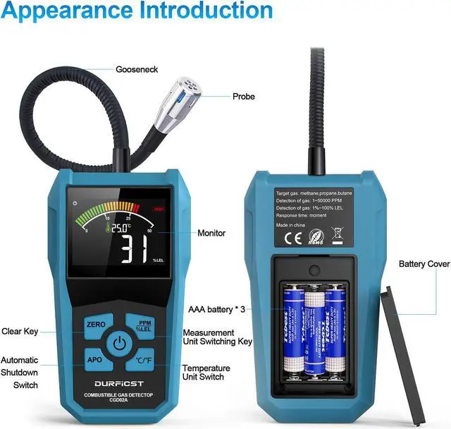 Alt view image 2 of 7 - DURFICST Natural Gas Detector, Portable Gas Detector, Alarmable Gas Sniffer for Home Measuring Natural Gas, Coal Gas and Other Combustible Gases, Suitable for Kitchen Mobile Caravan Gas Station