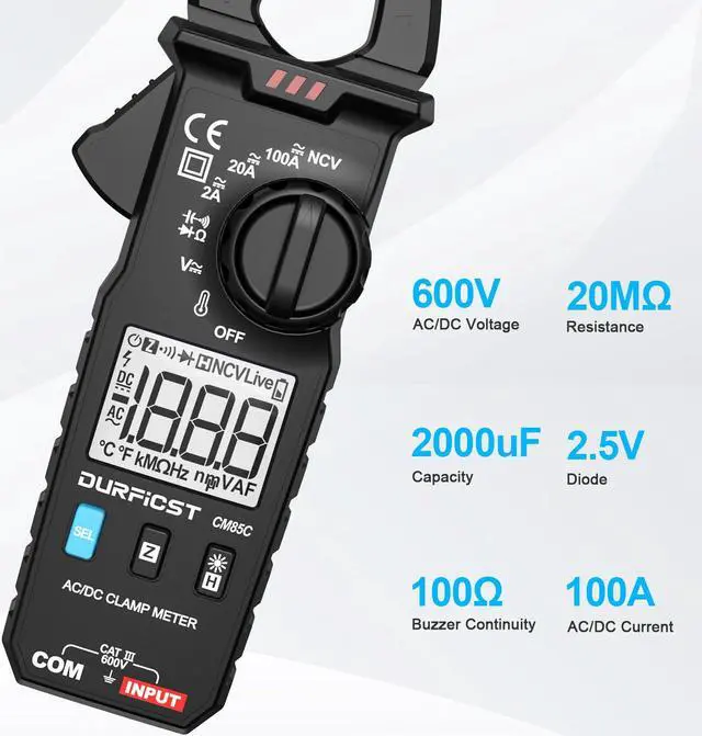 Alt view image 2 of 7 - DURFICST Clamp Meter Multimeter Tester, Digital Portable AC DC Clamp Meters with Amp, Volt, Ohm, Continuity, Diode and Resistance Test, High Precision, Auto Range 100A 600V