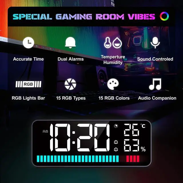 Alt view image 2 of 7 - LED Clock with Rhythm Light Strip, Equipped with 15 Display Types/15 Display Colors/2 Brightness Adjustable RGB Color Light Strips, with 1200mAh Lithium Battery, Suitable for Bedroom, Living Room, Cam