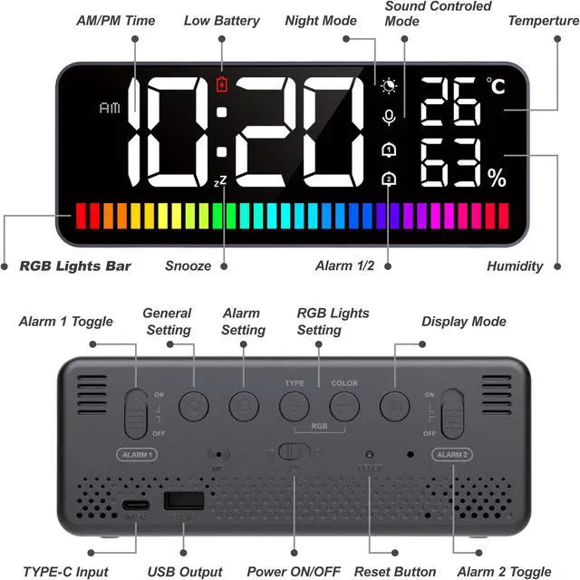 Alt view image 6 of 7 - LED Clock with Rhythm Light Strip, Equipped with 15 Display Types/15 Display Colors/2 Brightness Adjustable RGB Color Light Strips, with 1200mAh Lithium Battery, Suitable for Bedroom, Living Room, Cam